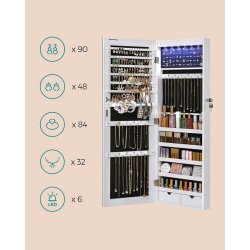 Smykkeskab med lys - v�gh�ngt spejlskab til d�r og v�g - hvid