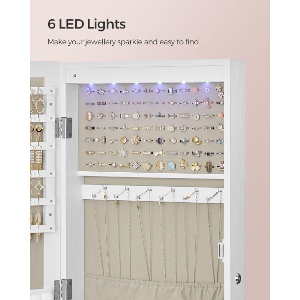 Smykkeskab med LED-lys - spejlskab til d�r og v�g - hvid