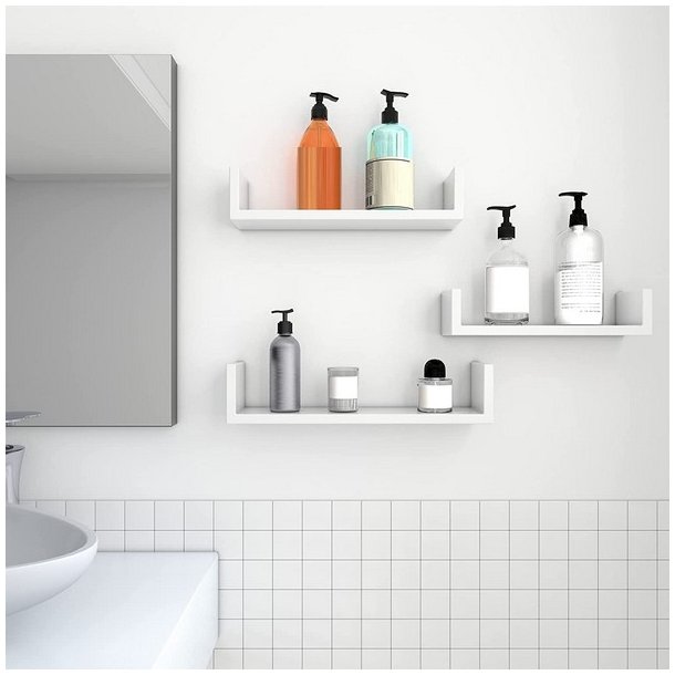 Hylder i tr� - 3 v�gh�ngte sv�vende tr�hylder - hvide v�ghylder