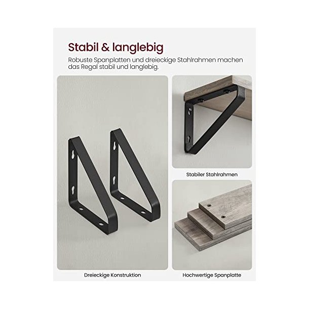 Hylder i tr - 3 vghngte svvende trhylder - gr vghylder