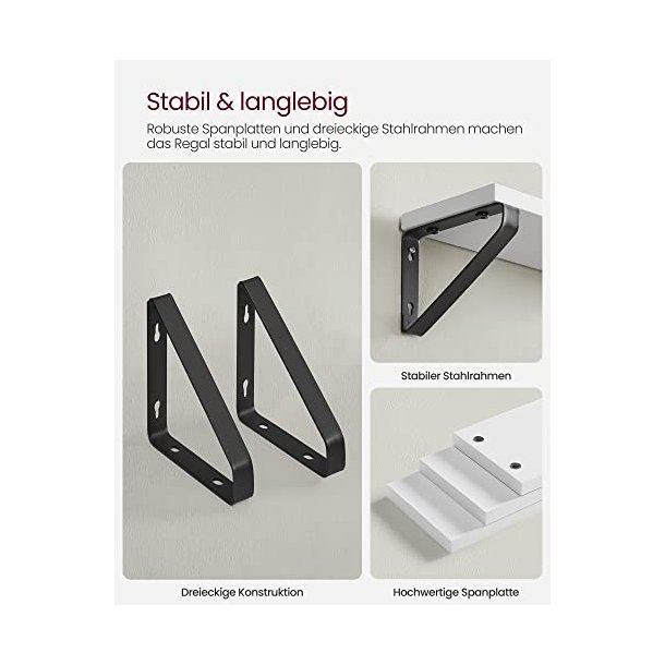 Hylder i tr� - 3 v�gh�ngte sv�vende tr�hylder - hvide v�ghylder