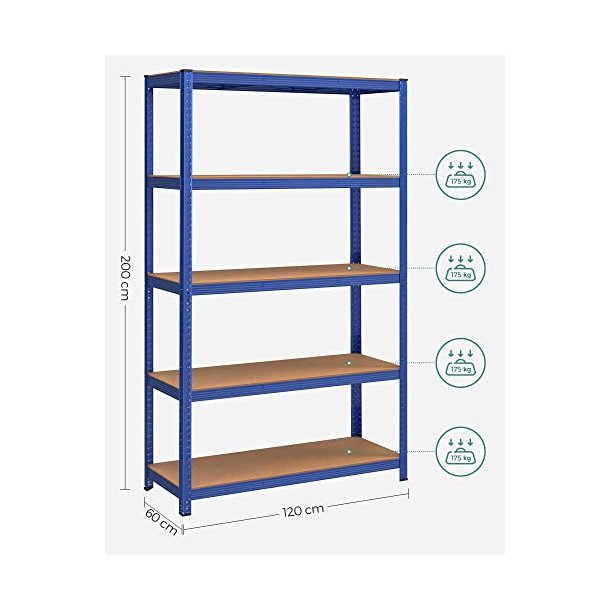 St�lreol med 5 hylder - lagerreol - bl� reol 200 x 120 x 60