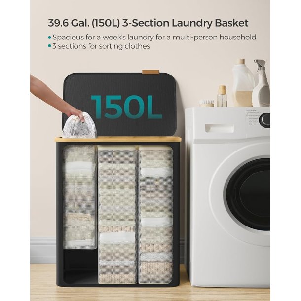 Vasket�jskurv med 3 rum - 3 vasket�jsposer - 150 liter - sort