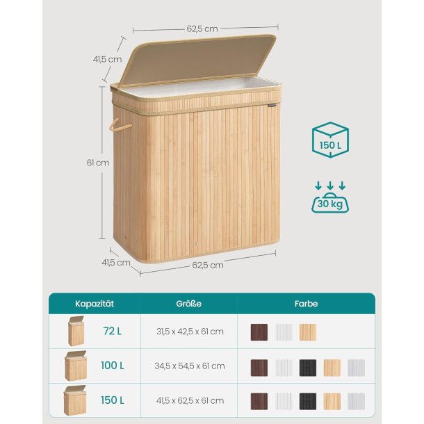 Vasket�jskurv i bambus med 3-delt vasket�jspose - 150 liter - brun