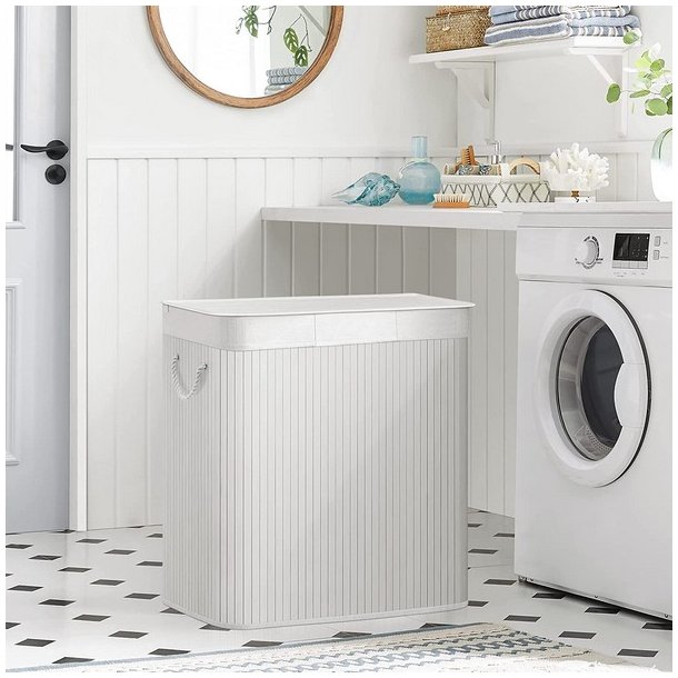 Vasket�jskurv i bambus med 3-delt vasket�jspose - 150 liter - hvid