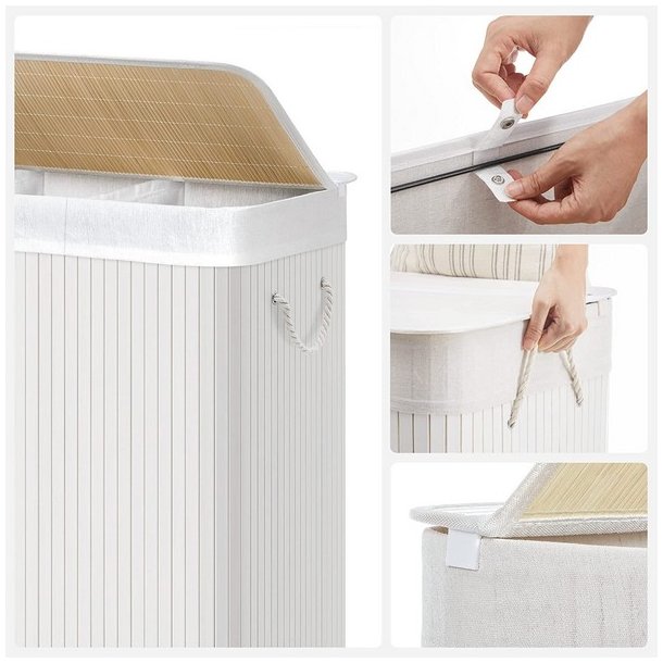 Vasket�jskurv i bambus med 3-delt vasket�jspose - 150 liter - hvid