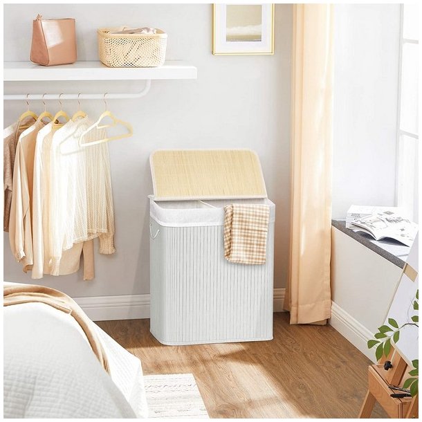 Vasket�jskurv i bambus med 2 delt vasket�jspose - 100 liter - hvid