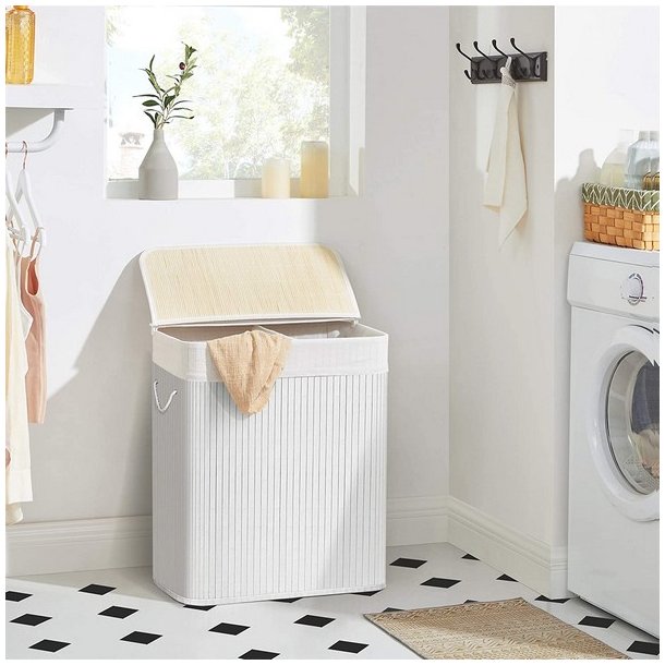 Vasket�jskurv i bambus med 2 delt vasket�jspose - 100 liter - hvid