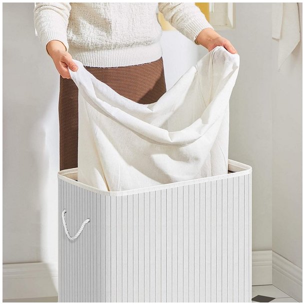 Vasket�jskurv i bambus med 2 delt vasket�jspose - 100 liter - hvid