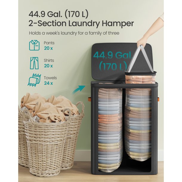 Vasket�jskurv med 2 rum - 2 vasket�jsposer - 170 liter - sort