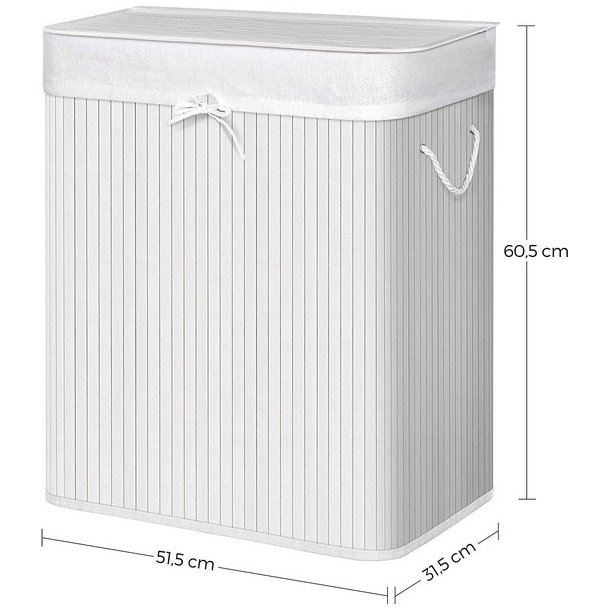 Vasket�jskurv i bambus med 2 delt vasket�jspose - 100 liter - hvid