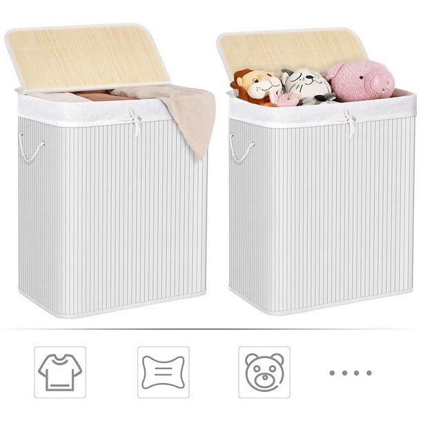 Vasket�jskurv i bambus med 2 delt vasket�jspose - 100 liter - hvid