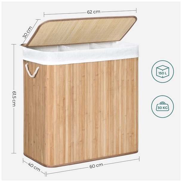 Vasket�jskurv i bambus med 3-delt vasket�jspose - 150 liter - brun