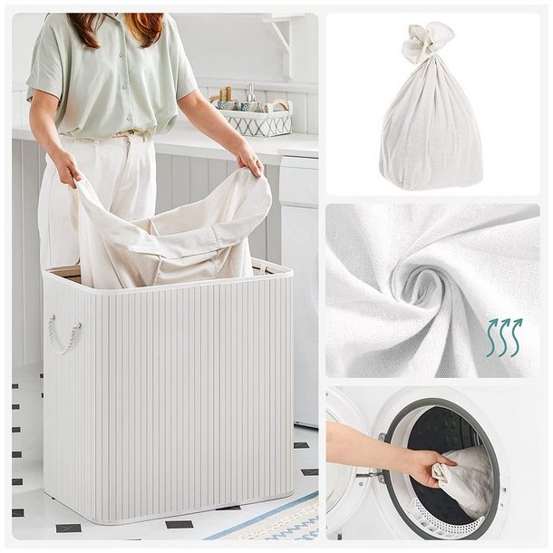 Vasket�jskurv i bambus med 3-delt vasket�jspose - 150 liter - hvid