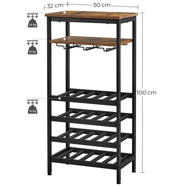 Vinreol til 20 flasker og glasholdere - rustik brun 50x32x100