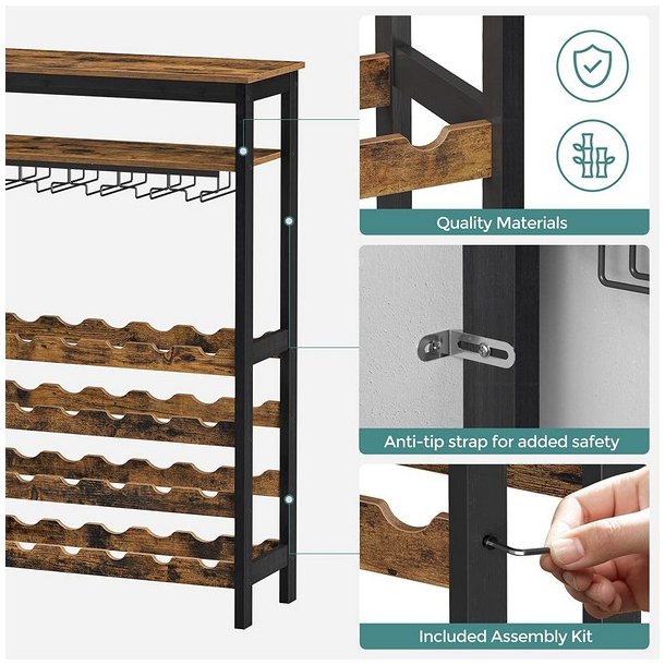 Vinreol til 24 flasker og glasholdere - rustik brun 66x30x100