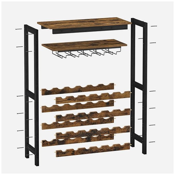 Vinreol til 24 flasker og glasholdere - rustik brun 66x30x100