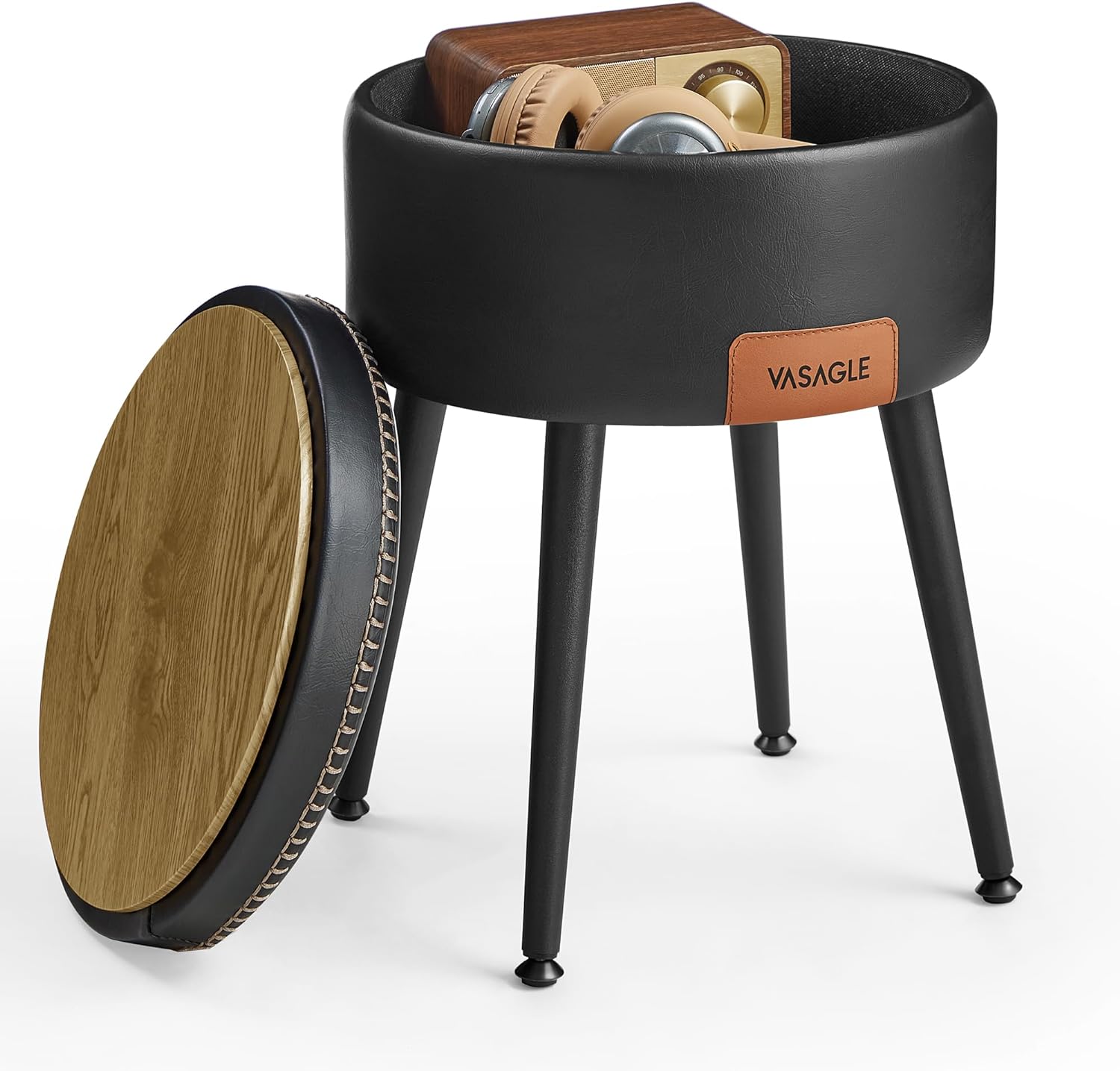 Sidebord med opbevaring - rundt sengebord - sort sæde Ø32