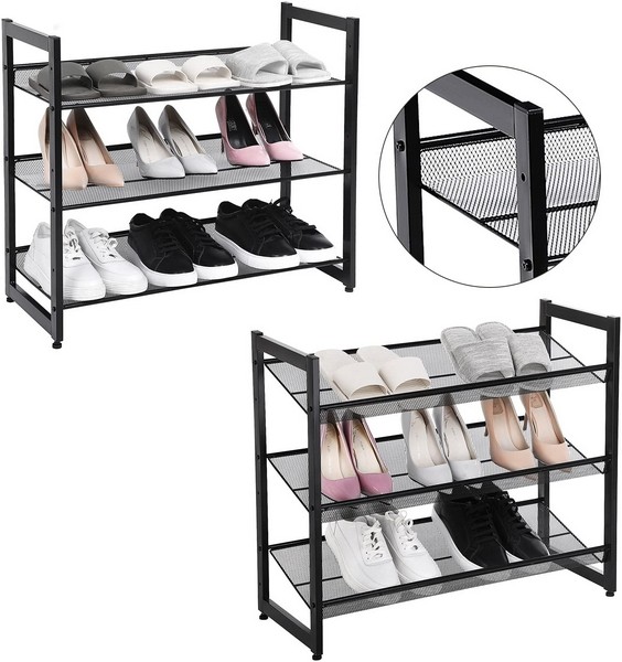 Skoreol med 3 trådhylder - skoreol med 3 skohylder - sort metal