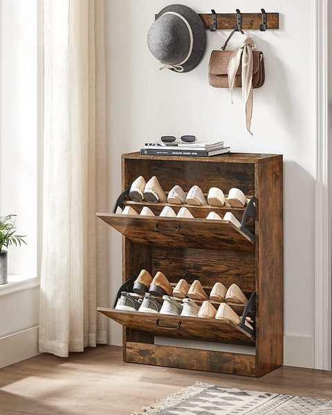 Skoskab med 2 skuffer - skoreol med 2 rum - rustik brun