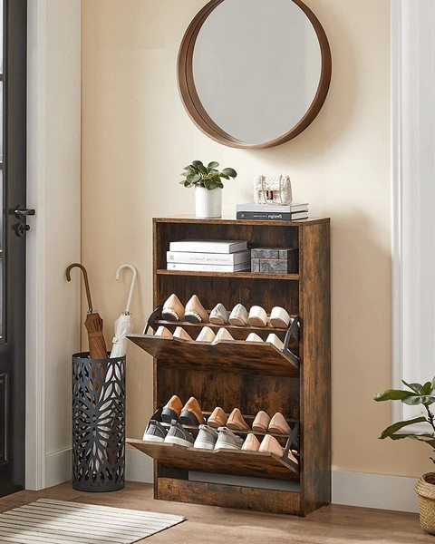 Skoskab med 2 skuffer - skoreol med 2 rum - rustik brun