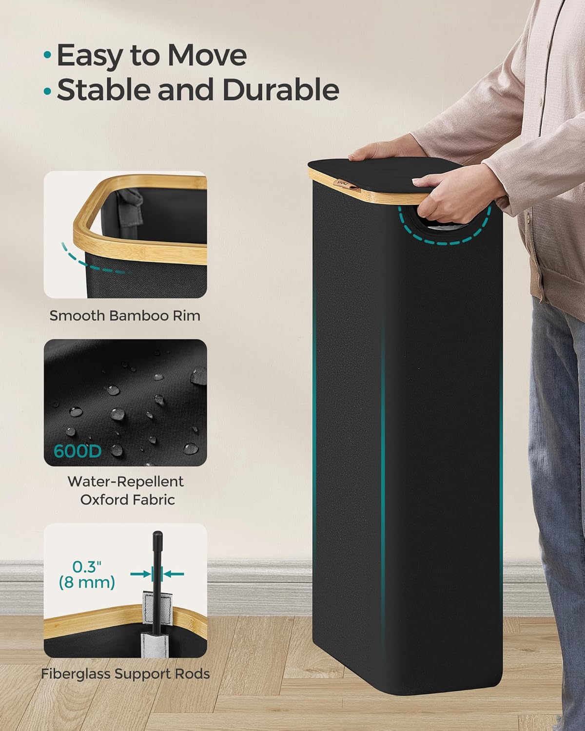 Vasketøjskurv med vasketøjspose - 65 liter - sort Oxford-stof