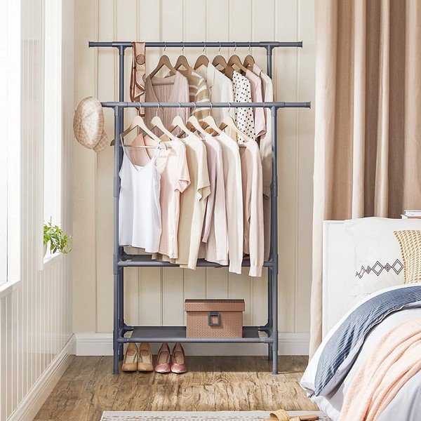 Tøjstativ med 2 bøjlestænger, skohylde og hylde til tøj - grå