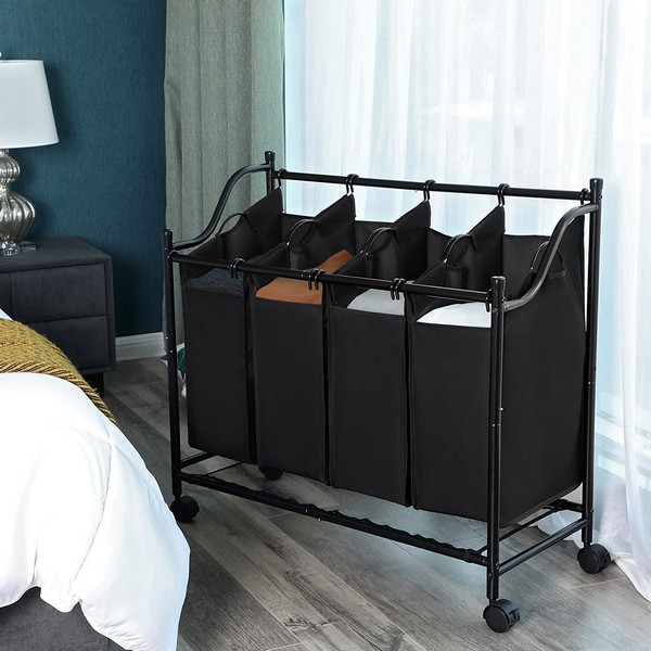 Vasketøjskurve - vasketøjsvogn på hjul med 4 aftagelige rum - sort